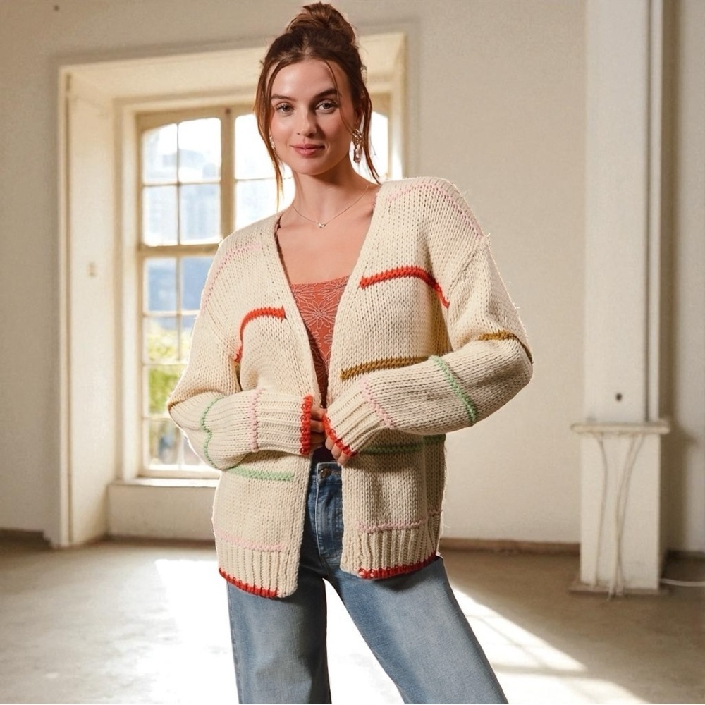 Loose Fit Multi Stripe Open Front Cardigan